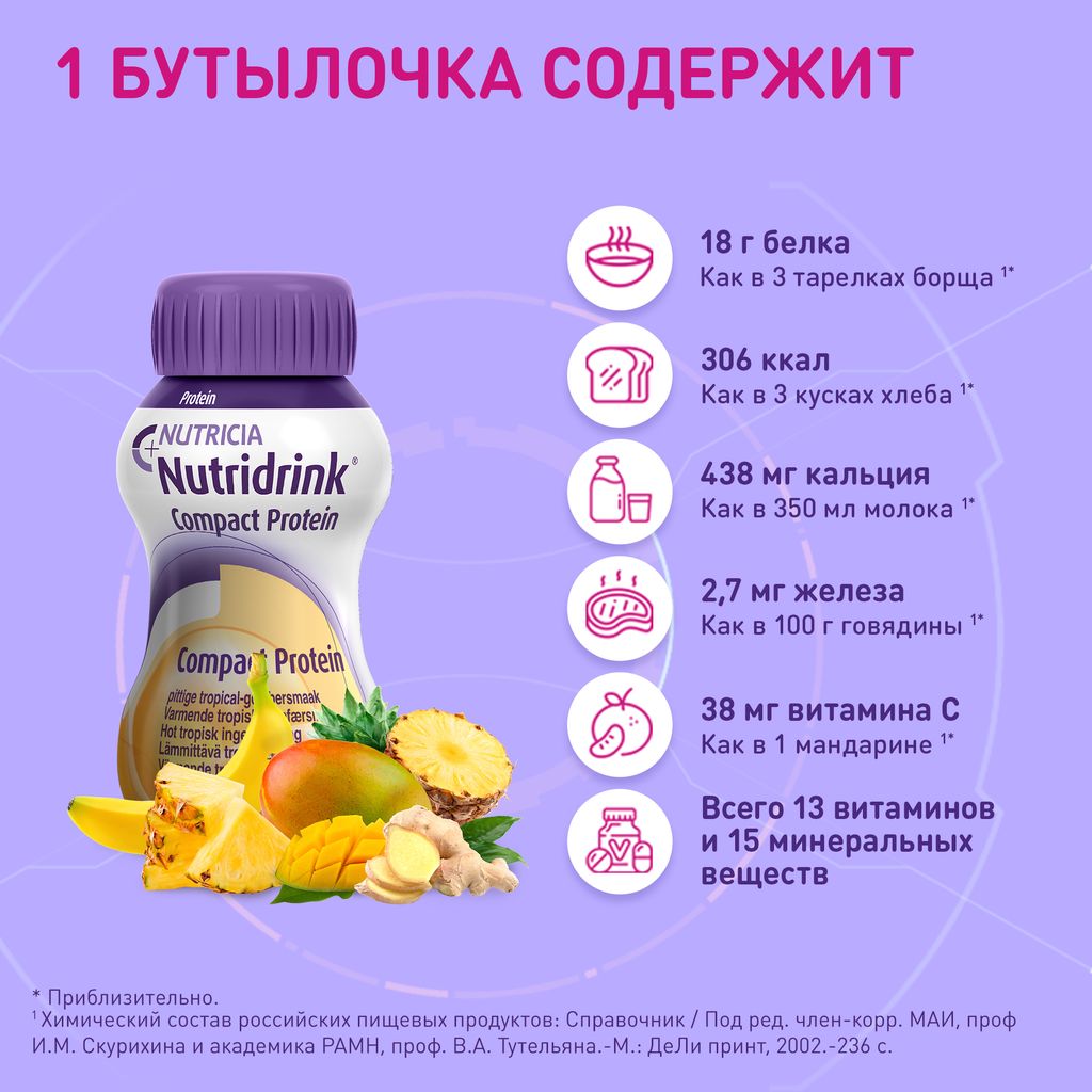 Nutridrink compact protein, жидкость для приема внутрь, согревающий вкус имбиря и тропических фруктов, 125 мл, 4 шт.