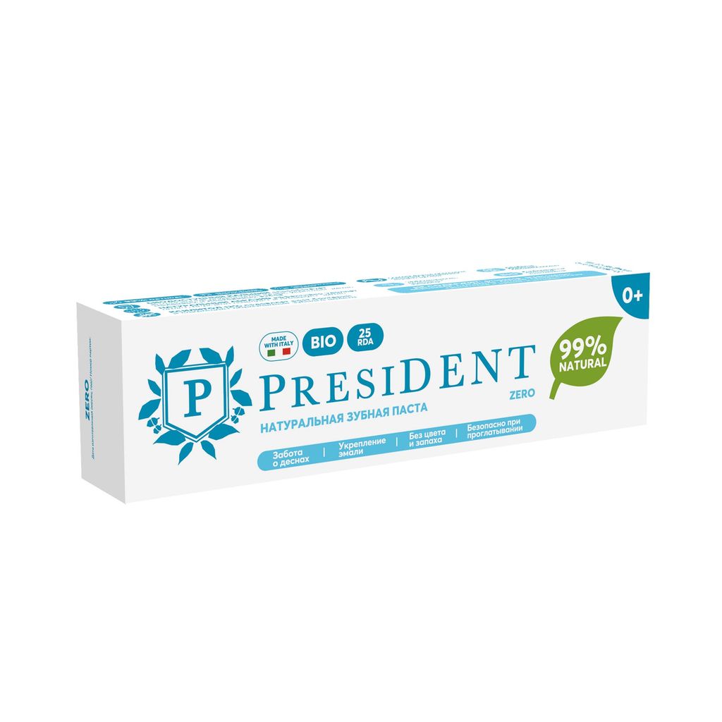 PresiDent Зубная паста натуральная Zero 25 RDA, без фтора, паста зубная, 0+, 32 г, 1 шт.