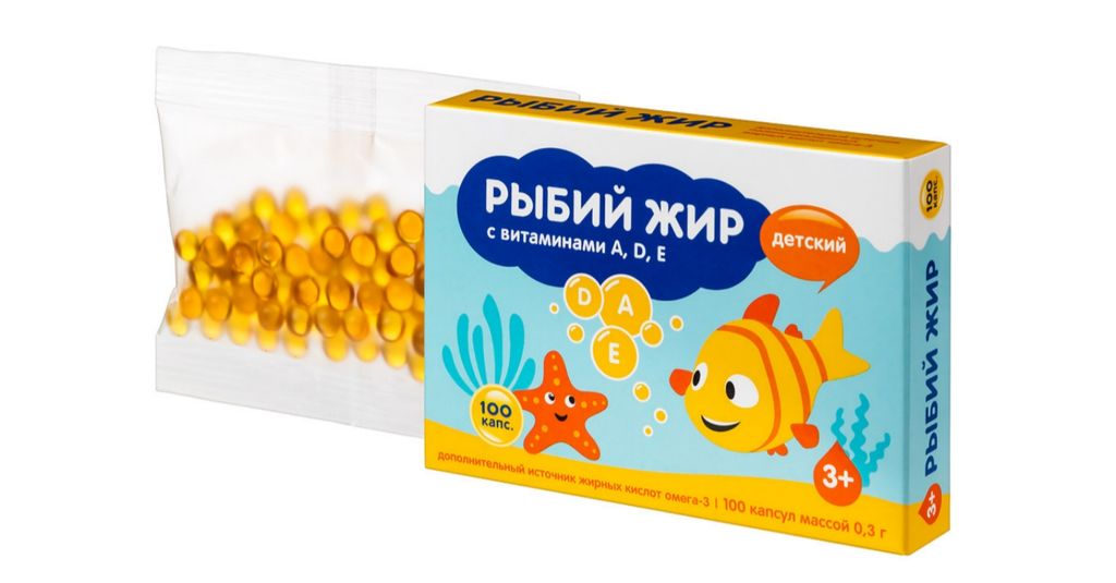 PL Рыбий жир детский, 370 мг, капсулы, с витаминами, 100 шт.