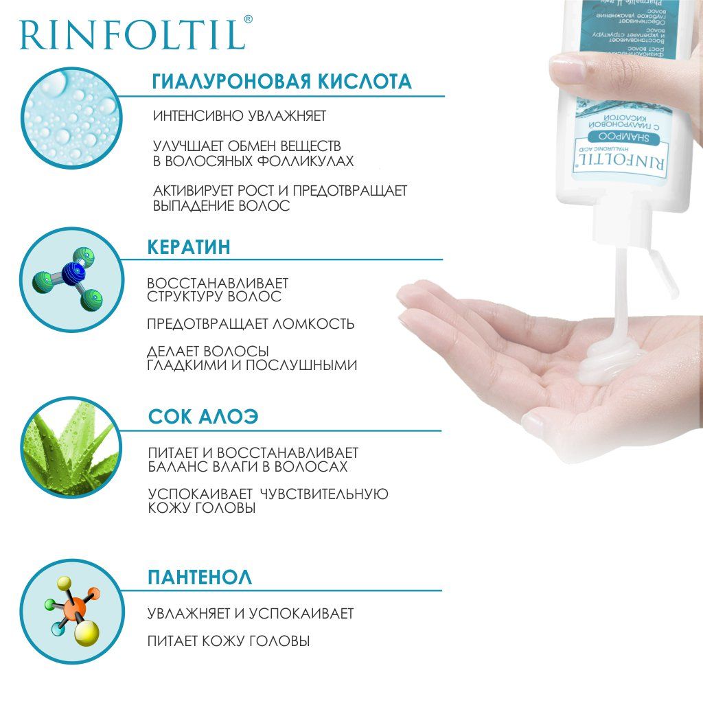 Rinfoltil Шампунь с гиалуроновой кислотой для роста волос, шампунь, с гиалуроновой кислотой, 200 мл, 1 шт.