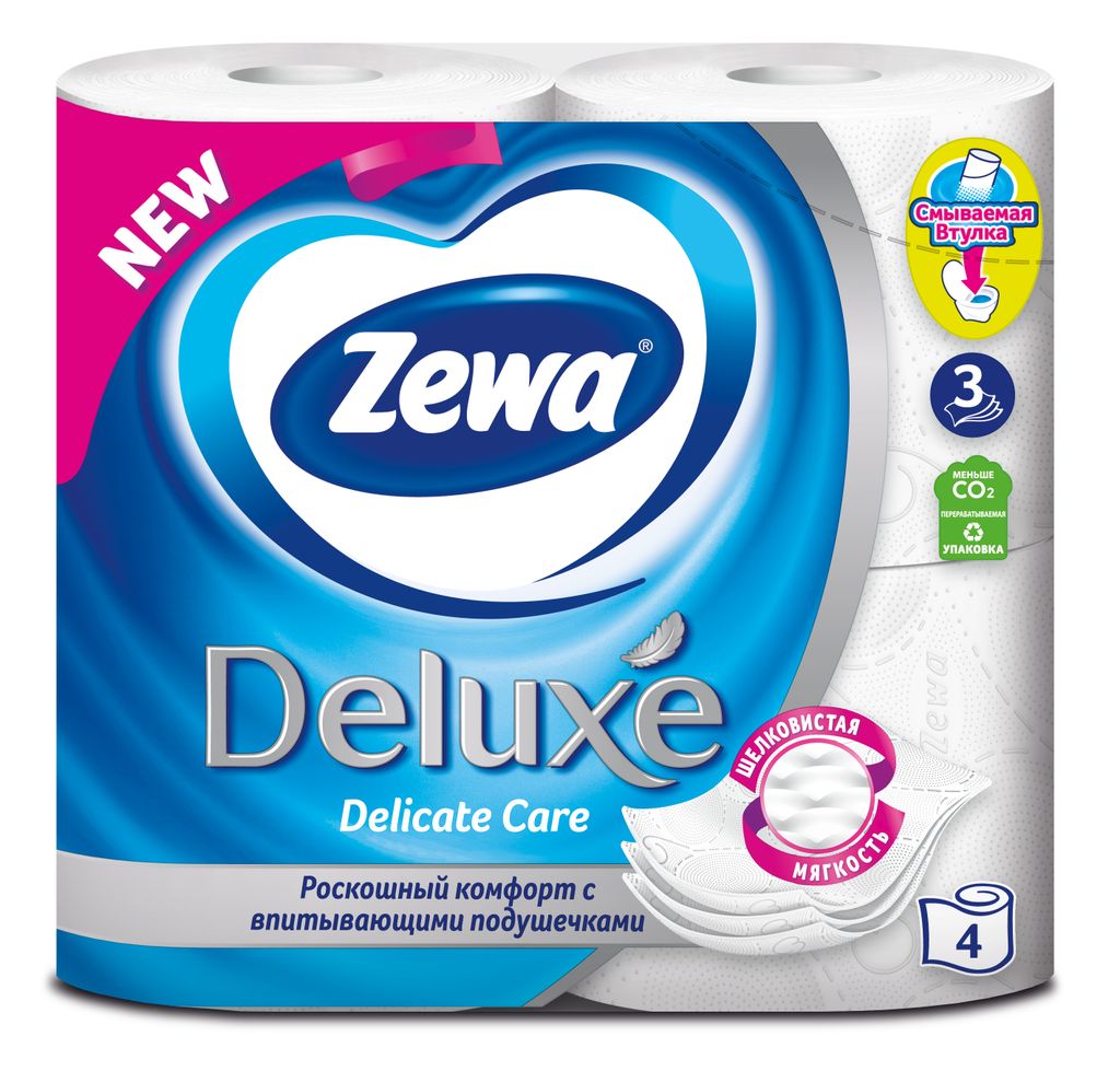 Zewa delux Туалетная бумага трехслойная белая, 4 шт.