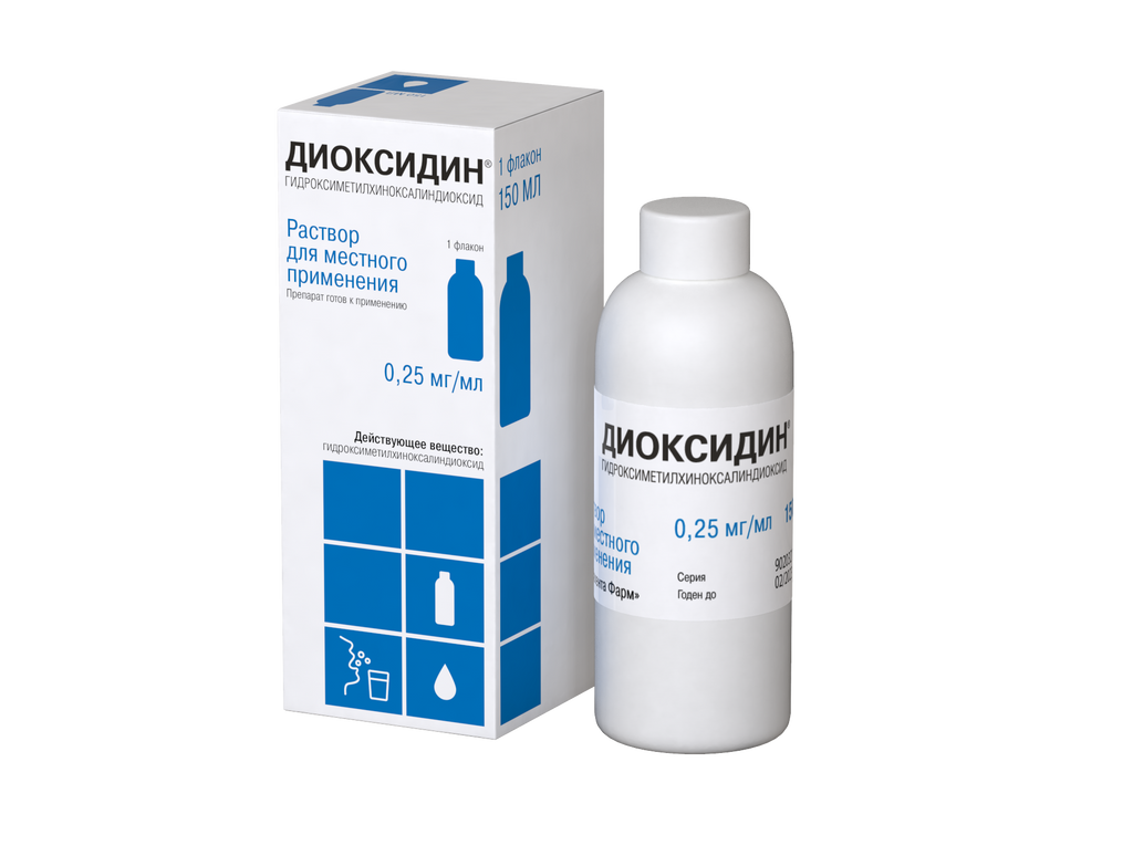 Диоксидин, 0.25 мг/мл, раствор для местного применения, 150 мл, 1 шт.