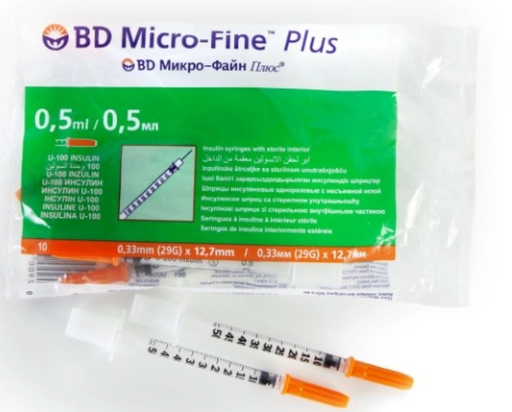 Шприц инсулиновый одноразовый BD Micro-Fine Plus U-100, 0.5 мл, 29 G (0,33x12,7), 10 шт.