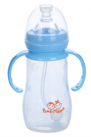 Рома+Машка бутылочка с широким горлышком с ручками, голубого цвета, 240 мл, 1 шт.
