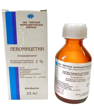 Левомицетина раствор спиртовой, 1%, раствор для наружного применения спиртовой, 25 мл, 1 шт.