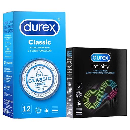 Презервативы Durex Набор, Classic 12 шт + Infinity 3 шт с анестетиком, 1 шт.