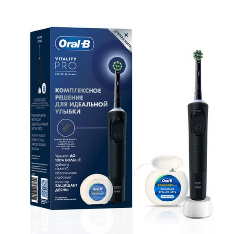 Oral-B Vitality Pro набор зубная щетка и нить, набор, зубная щетка электрическая 3708 с зарядкой 3757 черная+Нить зубная мятная Essential floss 50м, 1 шт.