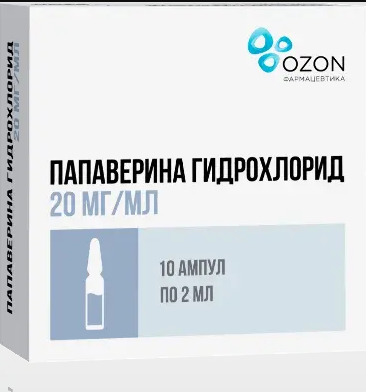 Папаверина гидрохлорид, 20 мг/мл, раствор для инъекций, 2 мл, 10 шт.